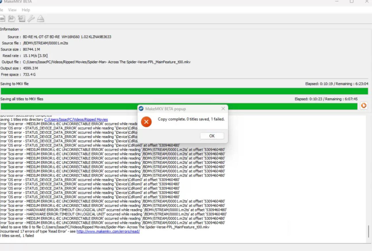 MakeMKV Copy Complete 0 Titles Saved 1 Failed